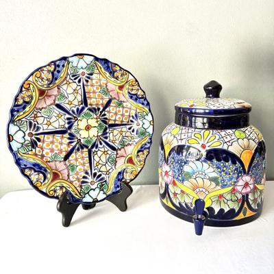 2 Piece Mexican Talavera Pottery Set - Platter and Water Crock with Spigot 