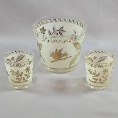 Vintage Mid Century Modern Libby Frosted Gold Leaf Glassware Ice bucket and pair of glasses