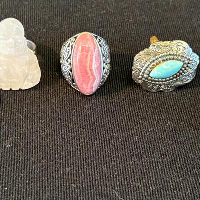 Turquoise and Coral Rings, w/ Quartz Buddha Ring