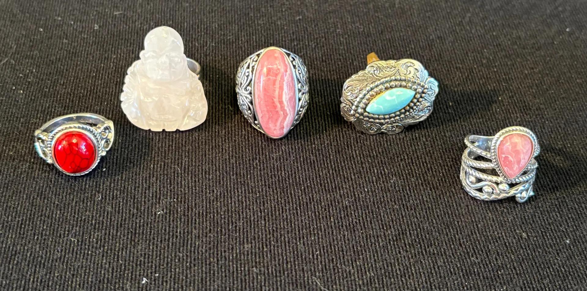Turquoise and Coral Rings, w/ Quartz Buddha Ring