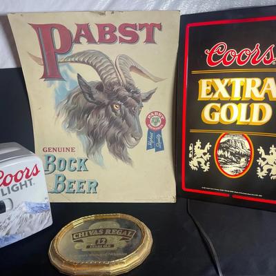 Coors Light Mini Fridge, Coors Extra Gold Sign, Pabst Sign, Chivas Regal Sign