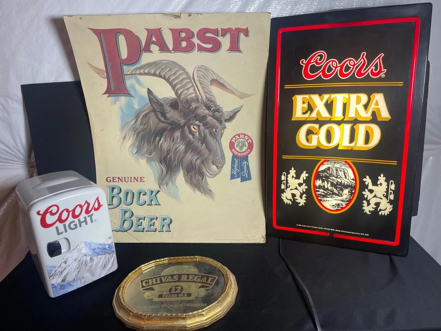 Coors Light Mini Fridge, Coors Extra Gold Sign, Pabst Sign, Chivas Regal Sign