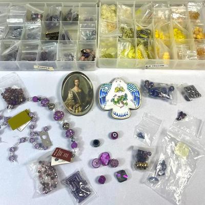 Purple and Yellow Bead Assortment w/ Jewelry Making Accessories, and Paperweights 