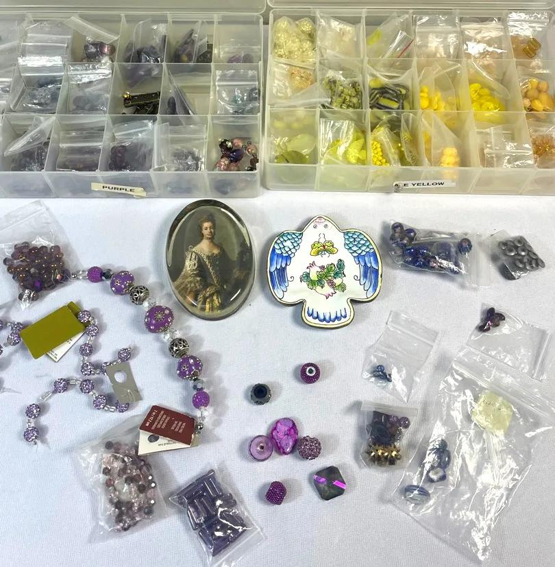 Purple and Yellow Bead Assortment w/ Jewelry Making Accessories, and Paperweights 