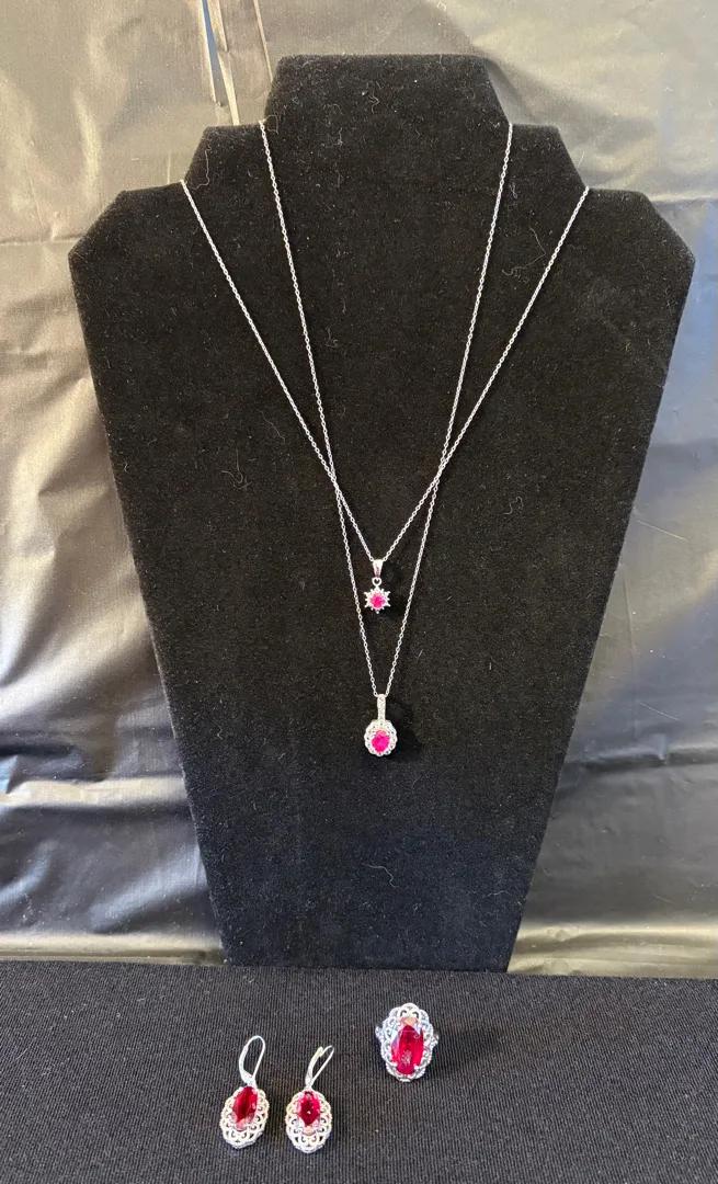 Sterling and Garnet Necklaces, Earrings and Ring Set