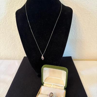 Sterling Mystic Topaz Diamond Ring and Necklace Set