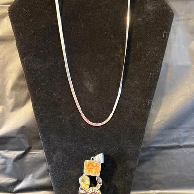 Sterling Chain w/ Fossil & Stone Pendant and Sterling Ring w/Fossil 