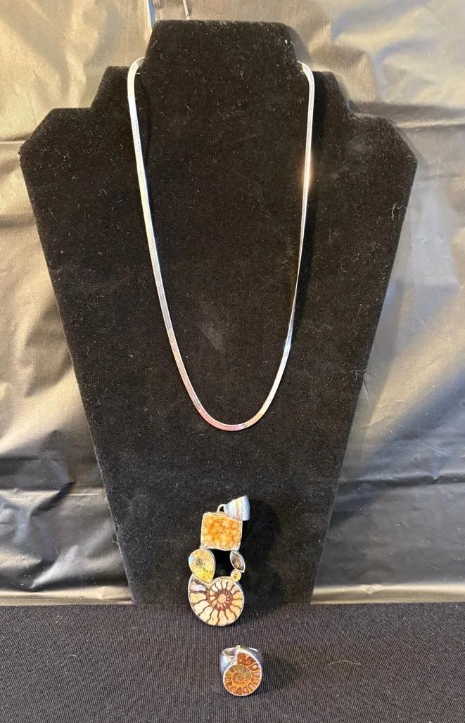 Sterling Chain w/ Fossil & Stone Pendant and Sterling Ring w/Fossil 