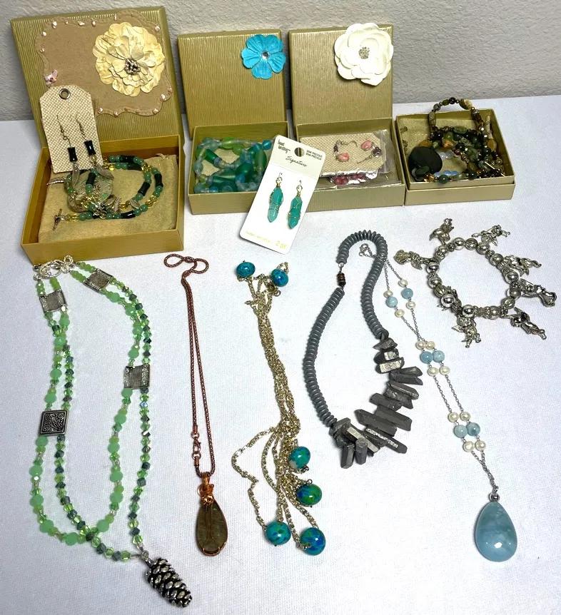 Costume Jewelry Variety w/ Blue, Green, and Pink Stones