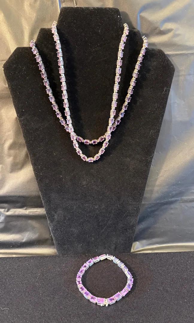 Sterling Silver Necklace & Bracelet Set with Purple Gemstones 