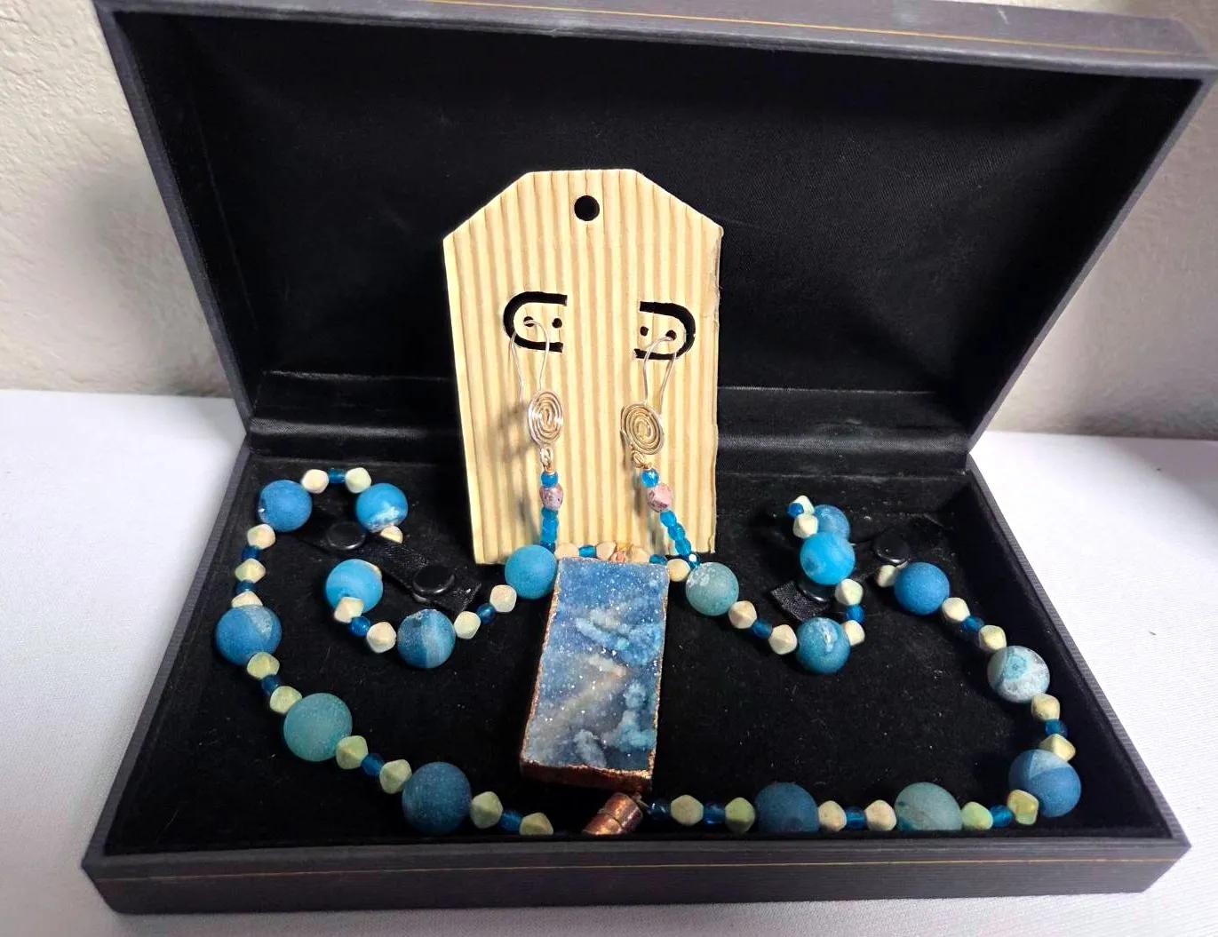 Blue Beaded Gemstone Necklace and Earring Set