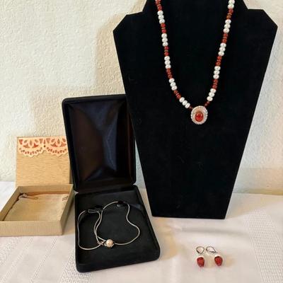 Freshwater Pearl, Carnealion, and Silver Necklace w/ Additional Pearl & Silver Necklace