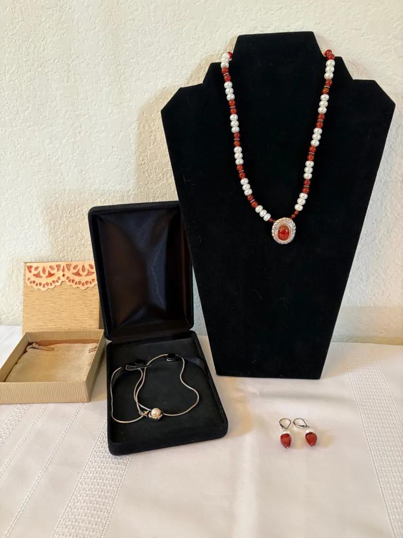 Freshwater Pearl, Carnealion, and Silver Necklace w/ Additional Pearl & Silver Necklace