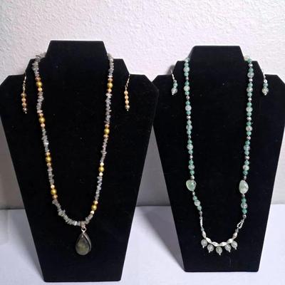Jade-like Beaded Necklace & Earring Set, w/ Labrodorite Gold Bead Set