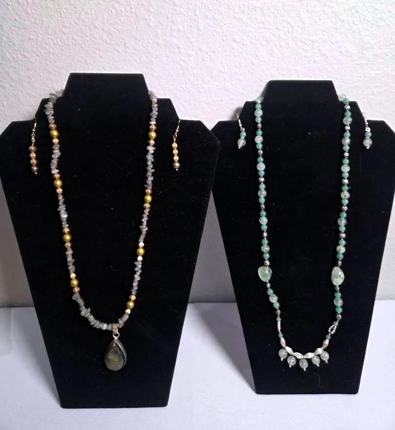 Jade-like Beaded Necklace & Earring Set, w/ Labrodorite Gold Bead Set