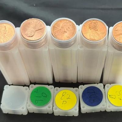 5 BU Red Rolls, Lincoln Cents, 1982-P, 1982-D, 1980-D, 1991-D, 2005-D