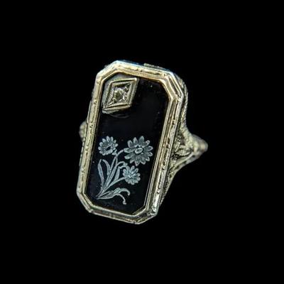 14K White Gold Ring with Black Onyx & Diamond, NAGL #1220580