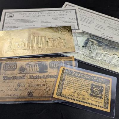 Replica $10 New York, Replica 1,000 Confederate Note, Gold & Silver Notes w/ COA