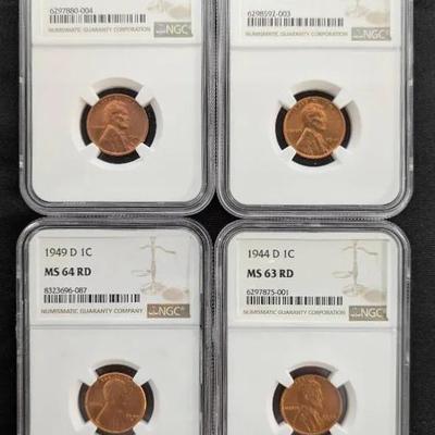 4 Lincoln Wheat Cents, NGC Graded, 1944, 1945, 1946, & 1949