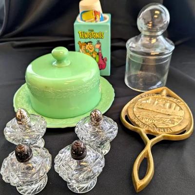 McKee Jadeite Cheese Dish, Brass Trivet, 4 Salt & Pepper Shakers, Glass Jar, & Dixie Cup Dispenser