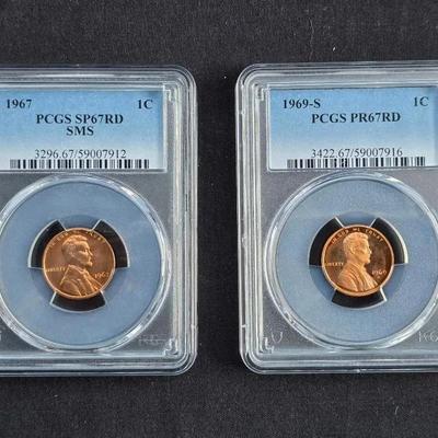 1967-SP 67RD & 1969 S PR-67 Lincoln Cents, PCGS Graded