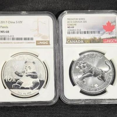 2016 Canada Silver Cougar 1oz & 2017 China Panda Silver, NGC Graded