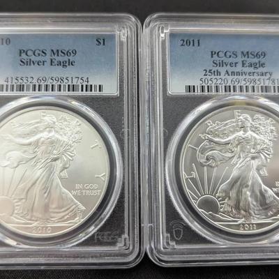 2010 & 2011 PCGS-69 Silver American Eagles 1oz 