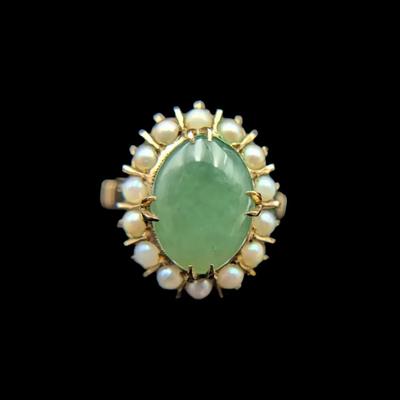 14K Yellow Gold Jade & Pearl Ring, NAGL #1220578