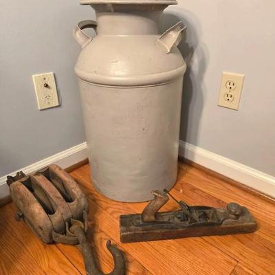 Antique Block & Pulley, Hand Plane, N C Milk Can