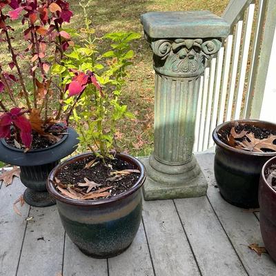 Concrete Pedestal And 5 Ceramic And Metal Planters 