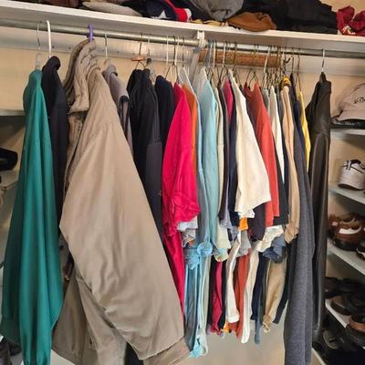 Men's Closet Lot: T Shirts, Jackets, Hats, Shoes
