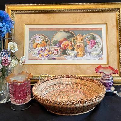 Wall Art, Ceramic Flowers, Vases, Vintage Woven Basket