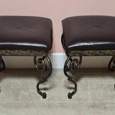 Vintage Heavy Iron & Metal Leather Padded Matching Benches