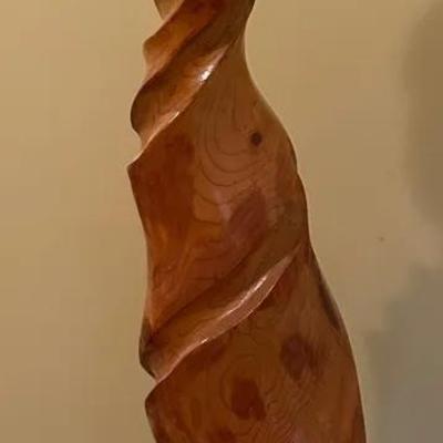 Abstract Hand-Carved Wooden Sculpture on Slate Base