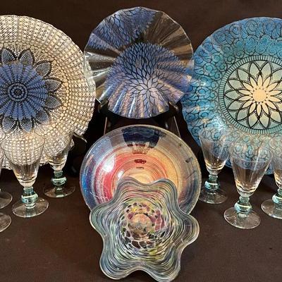 Sydenstricker Plates, Footed Cups, Blown Hand painted Bowl 