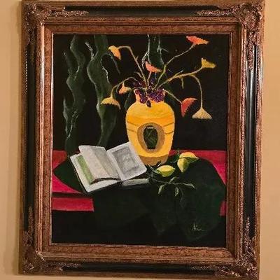 JIM CAMBELL 2016 Signed 'Yellow Rose' Acrylic Painting 20 X 24 Canvas In Ornate Wood Frame