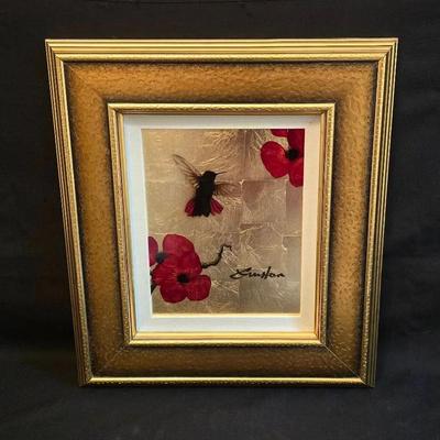 PATRICK GUYTON Mini Bird Series(Gold) Signed Painting Mounted In Wood Frame 