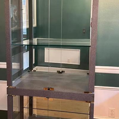 Grey China Cabinet With Glass Doors And Mirror Back