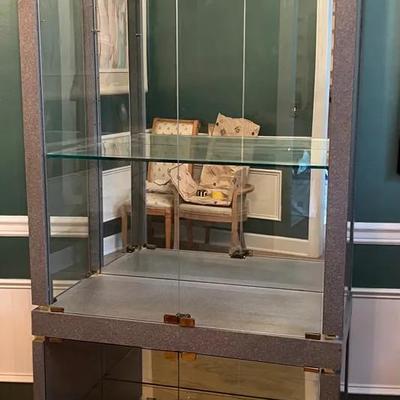 Grey China Cabinet With Glass Doors And Mirror Backing
