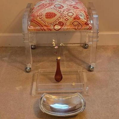Acrylic Rolling Padded Bench & Vanity Tray, Amber Glass Vase/Metal Bouquet, Metal Bowl W/Shell Inlay