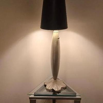 Glass Top & Metal Base Triangle Table, Metal/Wood Silver Lamp