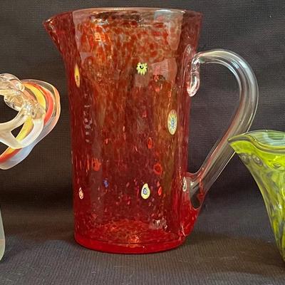Murano Glass Pitcher, Handmade Glass Bowl, And Signed Red And Yellow Vase