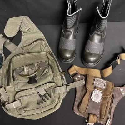 Dw196 men s motorcycle boots, waist pack & sling bag