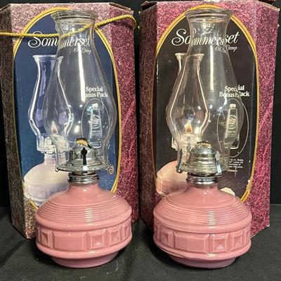 (2) Sommerset Oil Lamps  Pink Glass Base with Chimney Shades