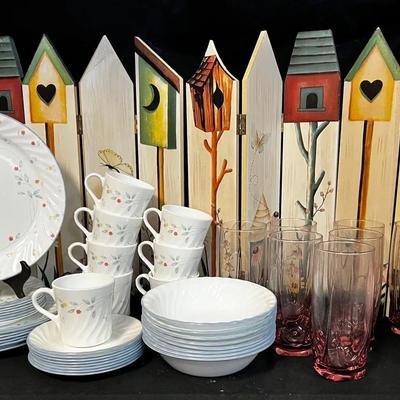 Corelle English Meadow Dinnerware, Libbey Cranberry Glasses, Vintage Pitcher & Birdhouse Panels