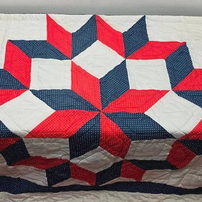 Vintage Handmade Red, White & Blue Patchwork Quilt