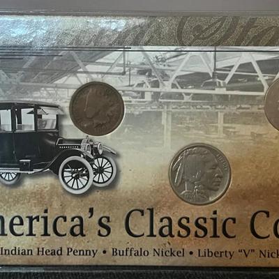 Americas Classic Coins Set: 1898 Indian Head Penny, 1937 Buffalo Nickel & 1902 Liberty V Nickel