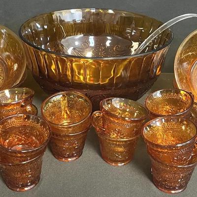 Amber Tiara Sandwich Glass Punch Bowl Set Includes 12 Cups, 4 Bowls & Ladle