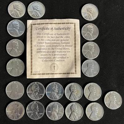 Collection of 21 Lincoln Steel War Pennies (1943) with Certificate of Authenticity 