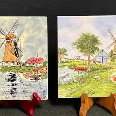 (4) Hand-Decorated Holland Ceramic Art Tiles  Windmills & Tulip Fields by Ter Steege BV
